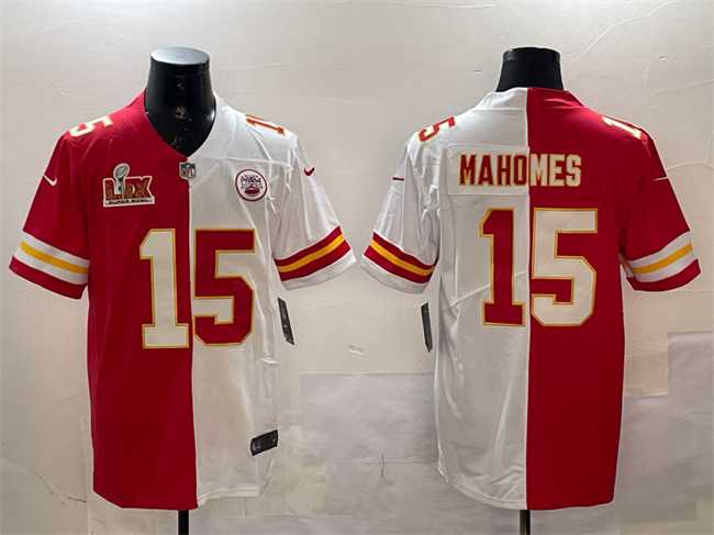 Men%27s Kansas City Chiefs #15 Patrick Mahomes Red & White Split 2025 Super Bowl LIX Patch Vapor Limited Stitched Jersey